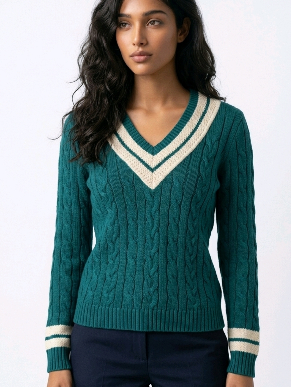 Vtg Lord and Taylor Green Cable Knit Sweater with Cream Accents